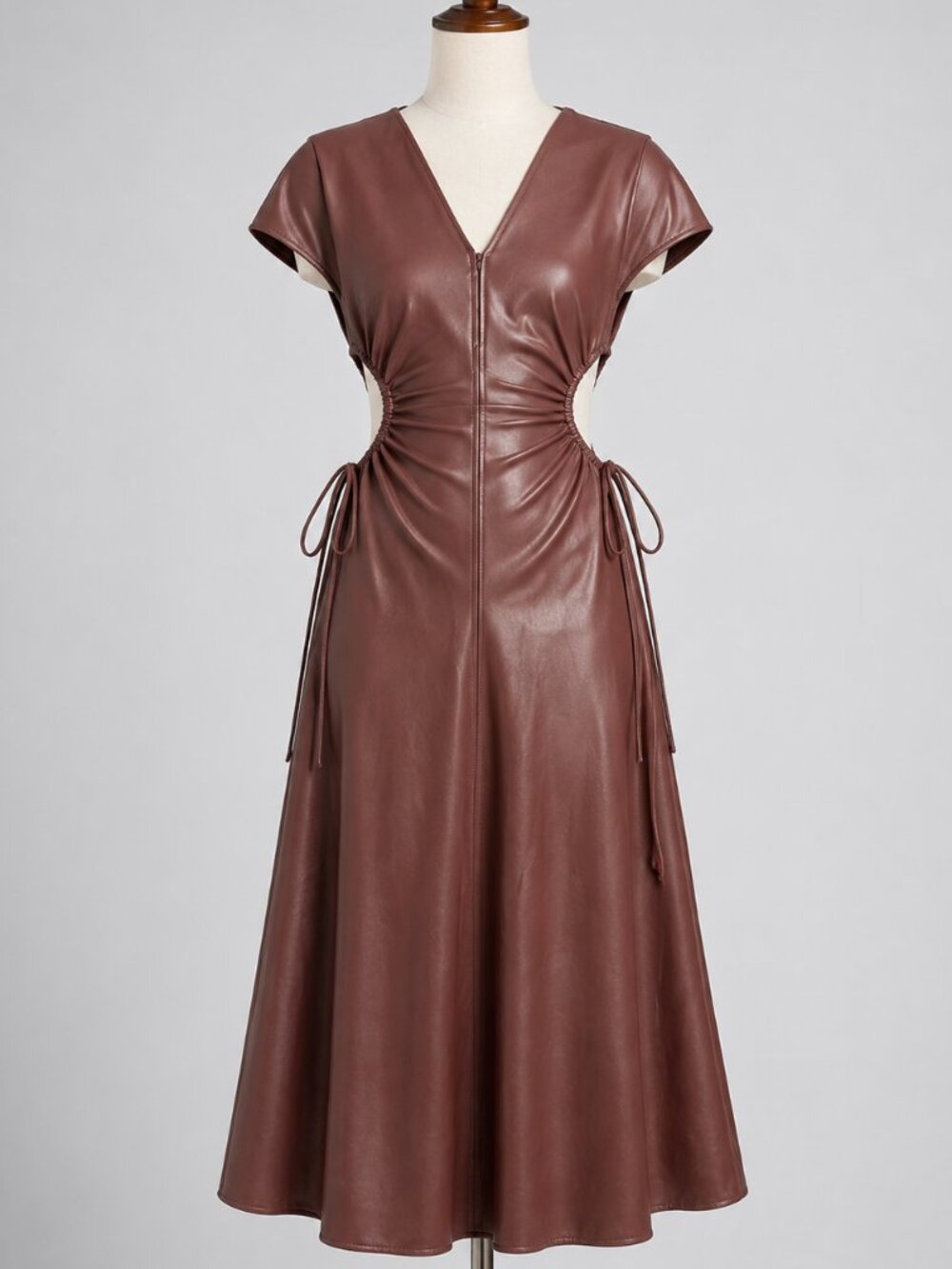 A.L.C. Dress 6 Brown Faux Leather VNeck Cutout Ruched Waist Midi Cap Sleeve Syna